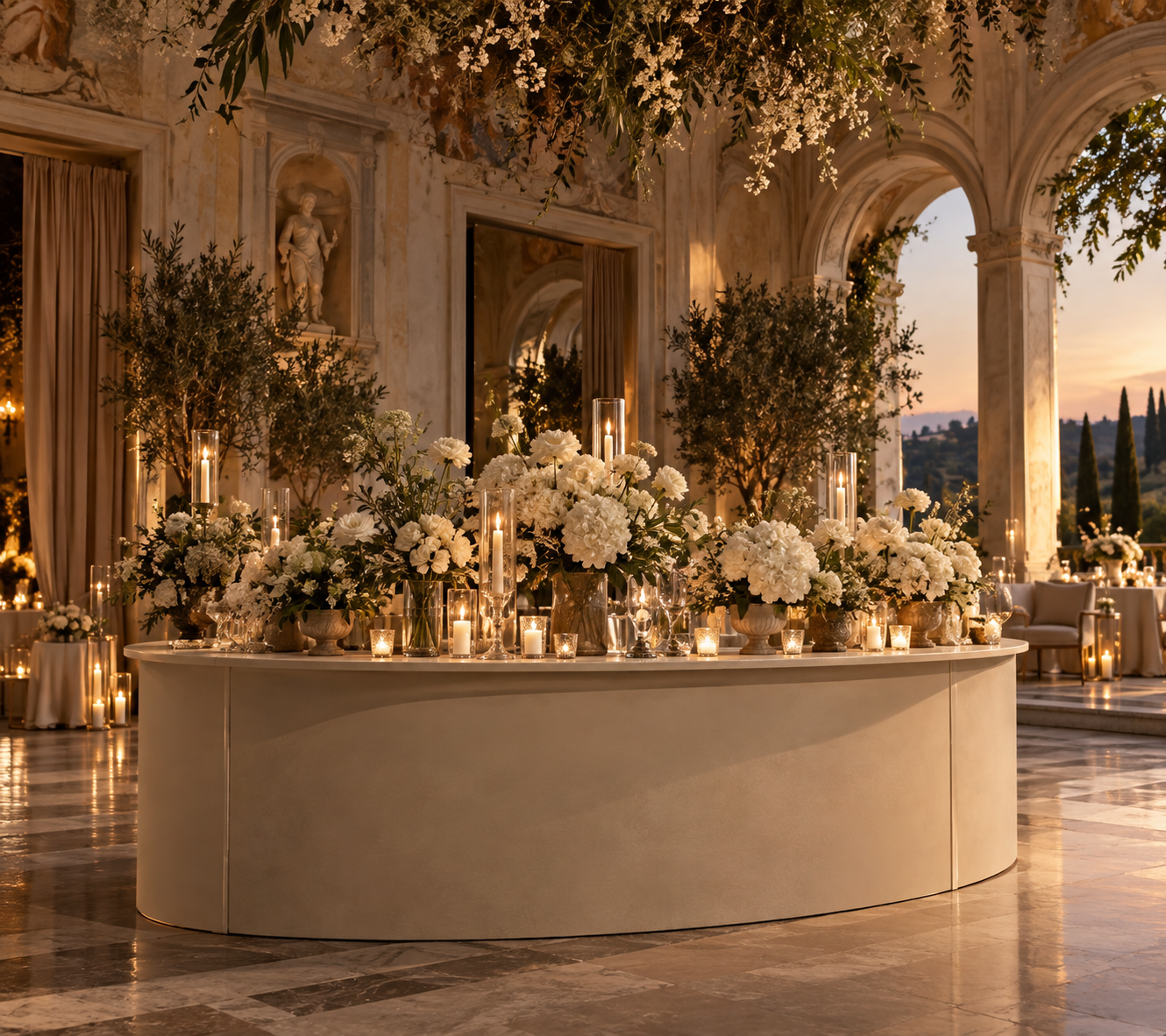An intimate wedding reception designed with layered florals and candlelight.